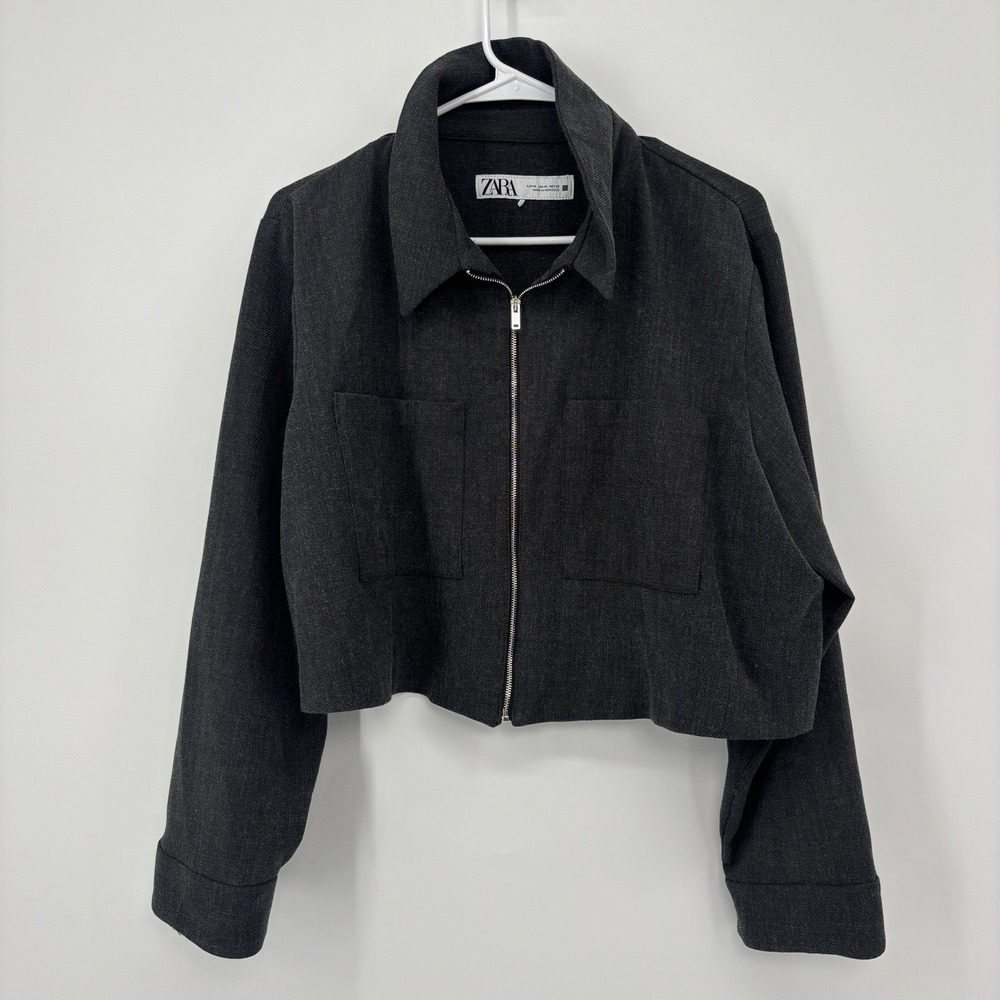 Zara Gray Cropped Full Zip Bomber Jacket Womens Size XL Pockets‎ Striped Sleeve